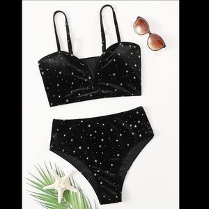 Star Print Velvet High Waisted Bikini Swimsuit size Medium